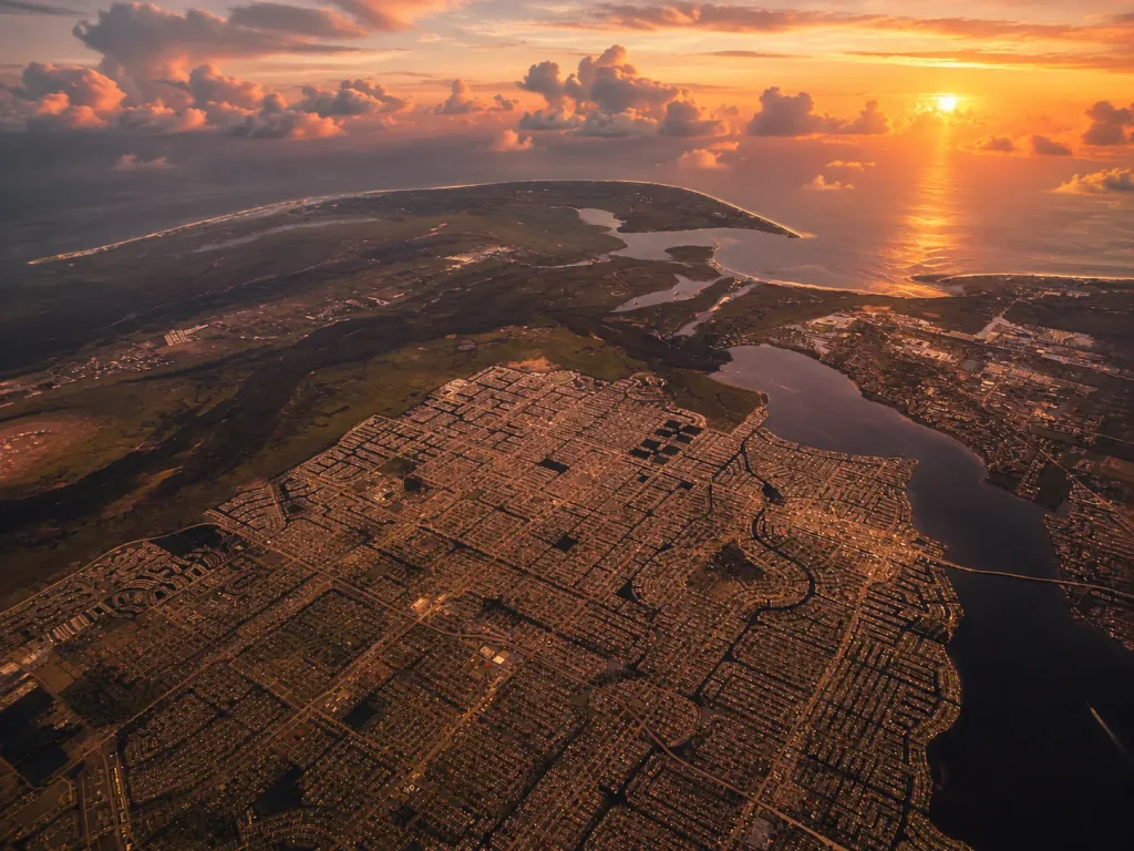 Aerial view of an island at sunset with a sprawling urban grid in the foreground and clouds illuminated by the orange glow of the sun above the ocean.