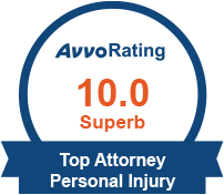 Avvo Rating badge displaying a score of 10.0, labeled "Superb" for a top attorney in personal injury.