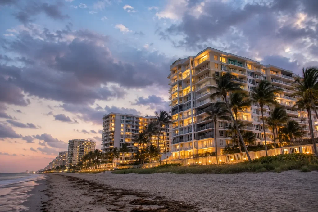 Beachfront high-rise buildings with illuminated windows line the shore as the sky transitions from dusk to night.