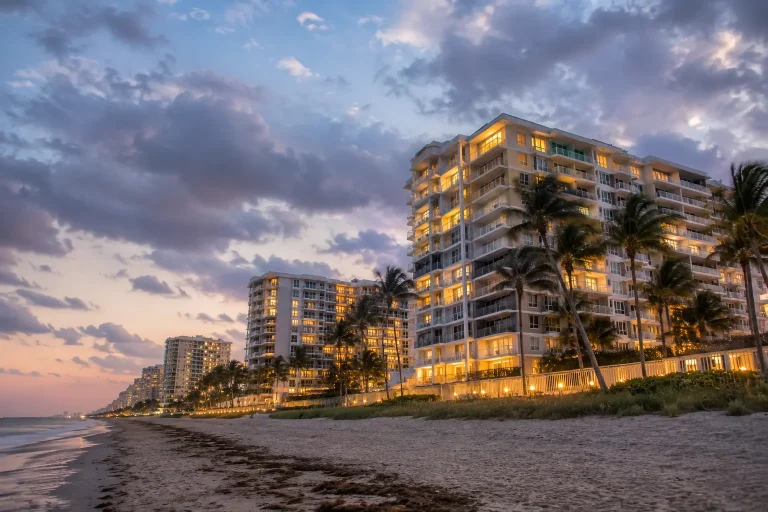 Beachfront high-rise buildings with illuminated windows line the shore as the sky transitions from dusk to night.