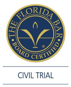 The Florida Bar Board Certified civil trial emblem with a stylized design in gold on a blue background.