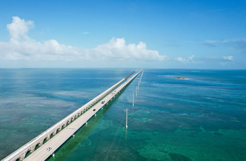 Aerial view of the Seven Mile Bridge in the Florida Keys with turquoise water