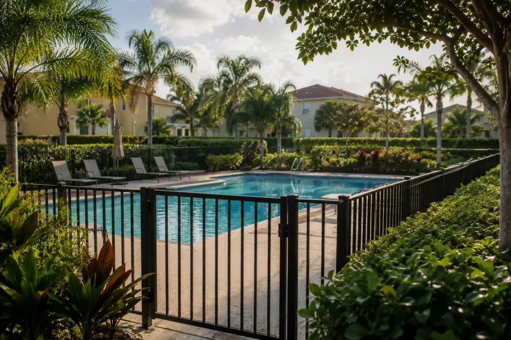 A gated swimming pool surrounded by palm trees and lounge chairs on a sunny day.