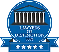 Blue emblem with a stylized columned building above the text "Lawyers of Distinction 2026" and five white stars at the bottom.
