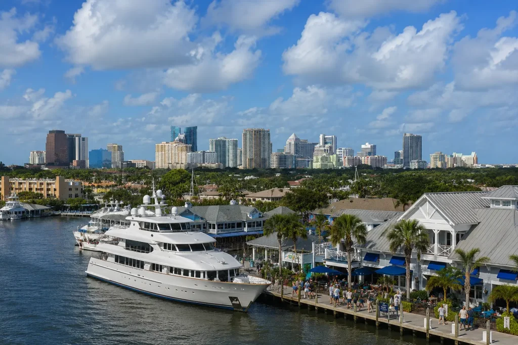 A large white yacht is docked at a bustling waterfront lined with palm trees and buildings, with a city skyline in the background under a partly cloudy sky.