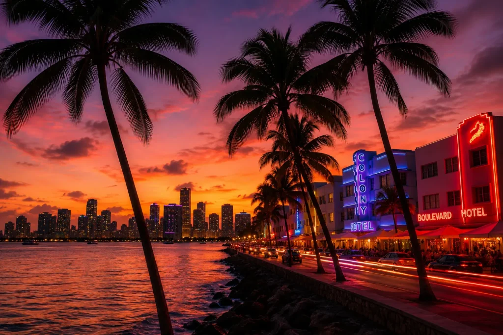 A vibrant sunset illuminates the Miami skyline, with palm trees silhouetted and neon hotel signs glowing along Ocean Drive.