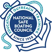 Logo of the National Safe Boating Council featuring a rope, anchor, and circular text reading "Education, Outreach, Training" and "Since 1958.