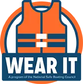 An orange life jacket with the words "WEAR IT" underneath, promoting the National Safe Boating Council program.