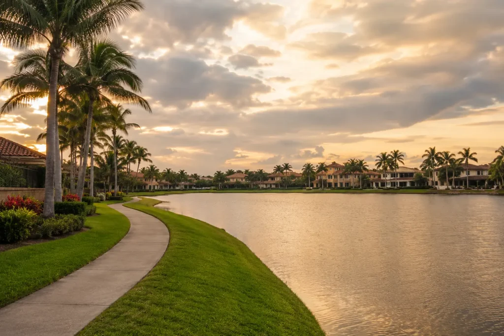 A sidewalk curves along a serene waterfront lined with palm trees and houses under a partly cloudy sunset sky.