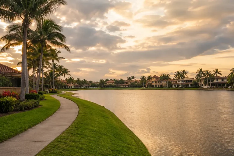 A sidewalk curves along a serene waterfront lined with palm trees and houses under a partly cloudy sunset sky.