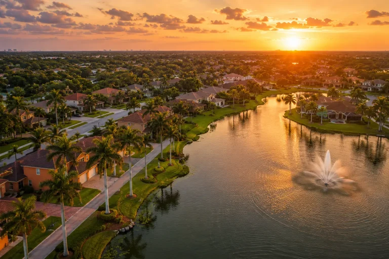 Aerial view of a suburban neighborhood with palm-lined streets and a lake featuring a fountain, under a vibrant sunset sky.