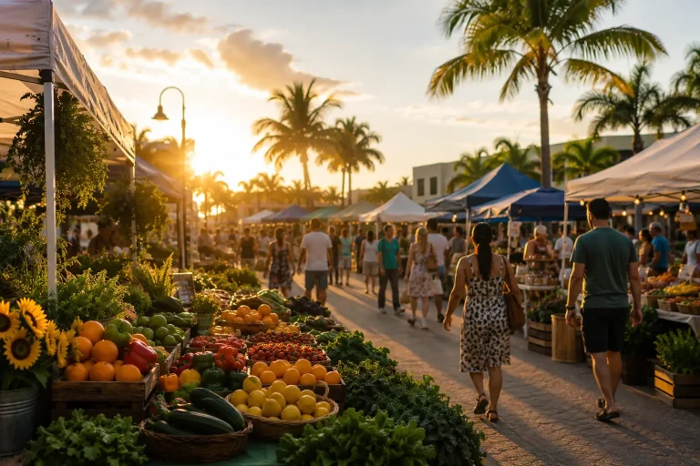 A vibrant farmers market at sunset, featuring colorful produce on display and people walking among tents and palm trees.