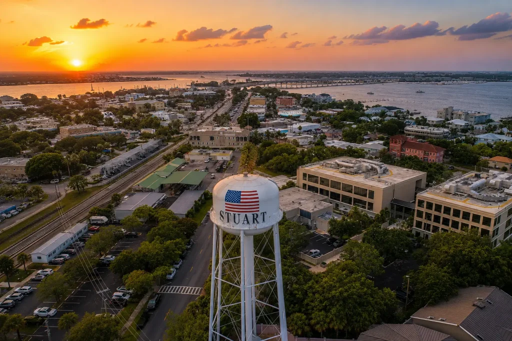 Aerial view of Stuart, Florida at sunset, with a water tower bearing the American flag above a townscape featuring trees, buildings, and a distant river.