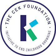 Logo featuring a stylized "K" in navy, teal, and blue with the text "The CEK Foundation - Initiative to End Childhood Drowning" encircling it.