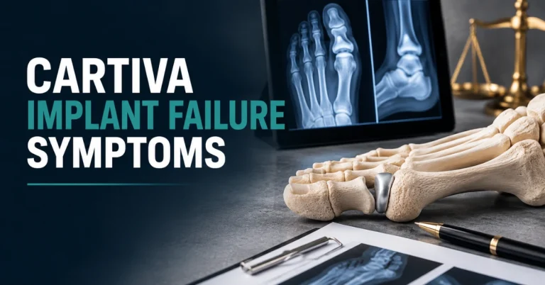 Cartiva implant failure symptoms graphic featuring a foot model with a Cartiva implant and X-rays showing the big toe joint.