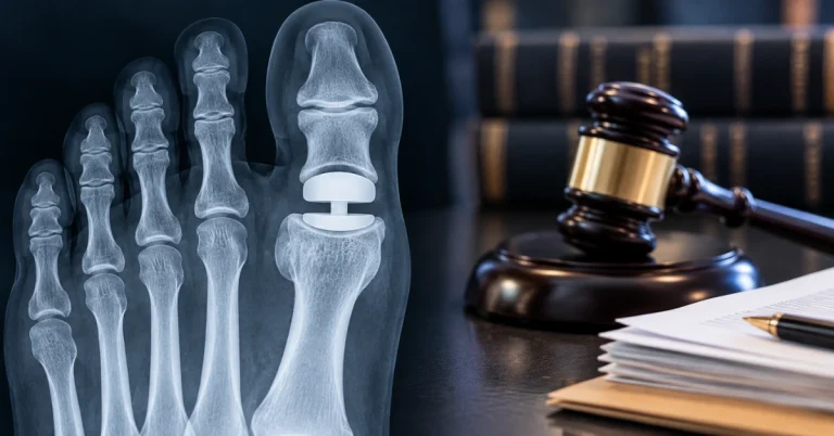 Foot X-ray showing a Cartiva implant beside a judge’s gavel and legal documents, representing factors that may determine the value of a Cartiva claim.