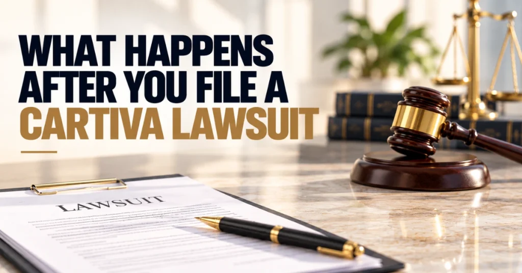 Cartiva lawsuit process graphic featuring legal documents, a judge’s gavel, law books, and scales of justice, representing the legal steps after filing a Cartiva implant lawsuit.